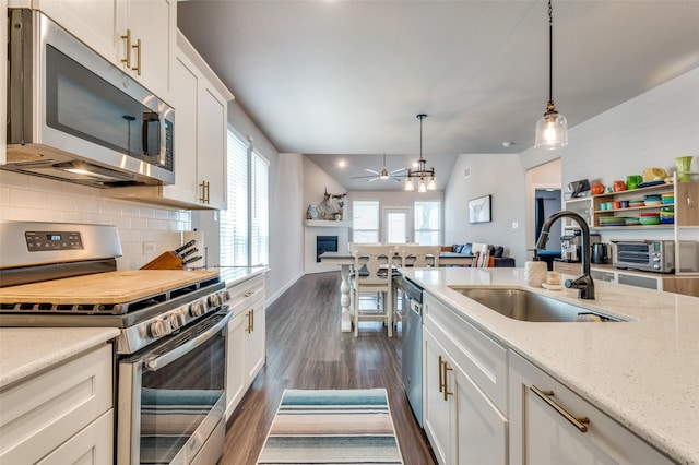 4737 Tanglewood Dr, Haltom City, TX 76137 - kitchen featuring a fireplace, dark wood-style flooring, a sink, stainless steel appliances, and open floor plan