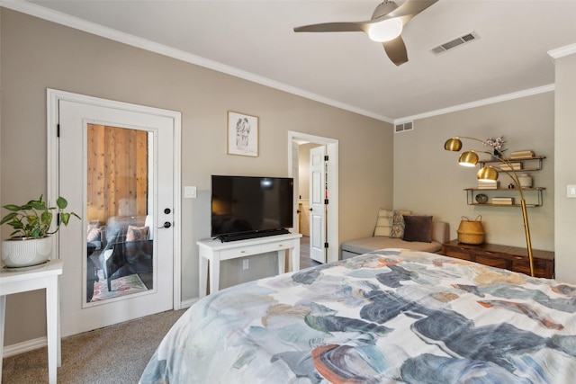 bedroom with crown molding, carpet flooring, ceiling fan, and visible vents