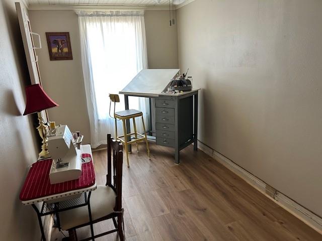 239 Ranch Rd, Joshua, TX 76058 - office area featuring crown molding, light wood-style flooring, and baseboards