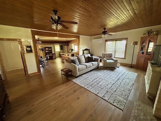 living area with ceiling fan, wood finished floors, wooden ceiling, and baseboards