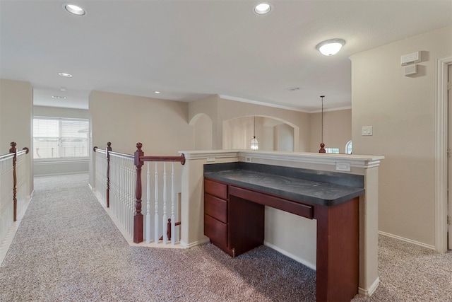 hall with an upstairs landing, baseboards, recessed lighting, and light colored carpet