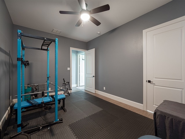 1515 Malone Dr, Royse City, TX 75189 - workout room with visible vents, baseboards, and a ceiling fan