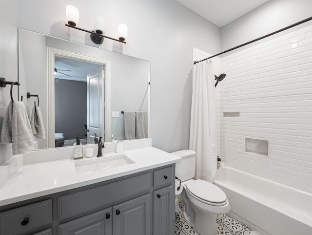 1515 Malone Dr, Royse City, TX 75189 - full bathroom with shower / bath combo, toilet, a ceiling fan, vanity, and tile patterned flooring