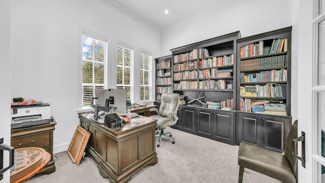 office area with recessed lighting and carpet flooring