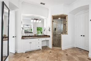 bathroom with vanity, visible vents, and a stall shower