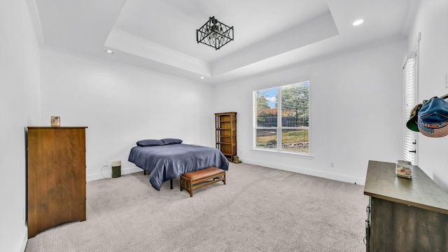 carpeted bedroom featuring recessed lighting, baseboards, ornamental molding, and a raised ceiling