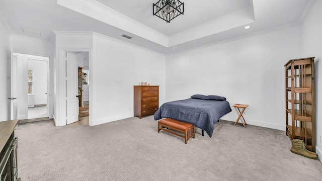 carpeted bedroom with recessed lighting, visible vents, baseboards, and crown molding