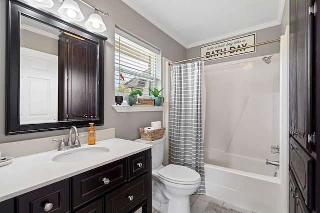 full bathroom with crown molding, vanity, toilet, tile patterned floors, and shower / bath combo with shower curtain