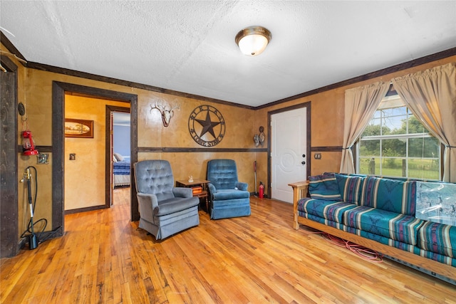 living room featuring wood-type flooring, a textured ceiling, and ornamental molding