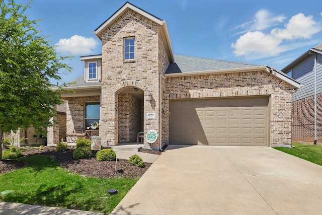 view of front of property featuring brick siding, an attached garage, a shingled roof, and concrete driveway