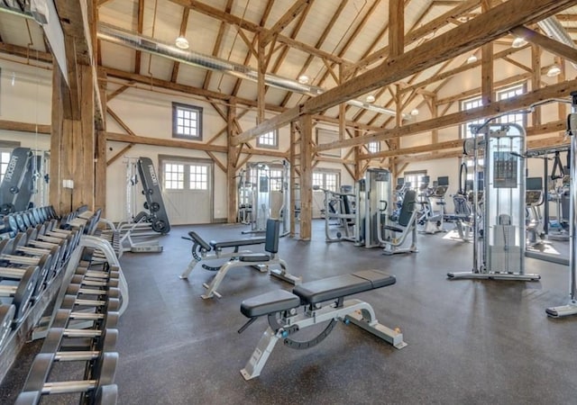 workout area with high vaulted ceiling