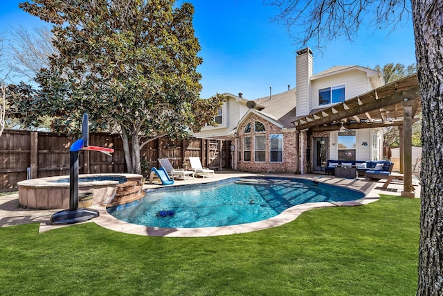view of swimming pool with a fenced backyard, an in ground hot tub, and a lawn