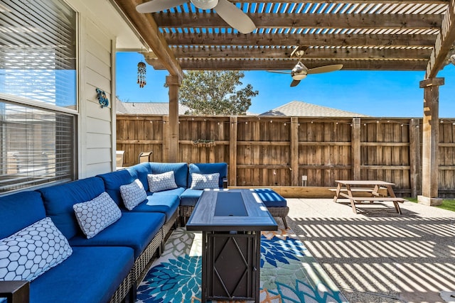 view of patio featuring a pergola, fence, and an outdoor hangout area