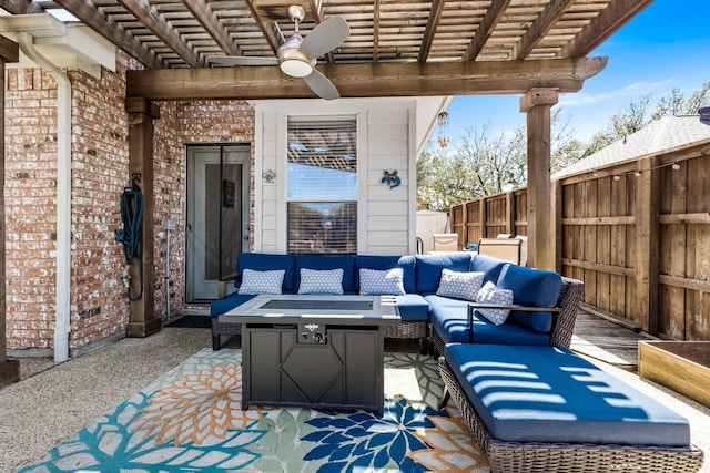 view of patio / terrace with an outdoor living space, a pergola, ceiling fan, and fence