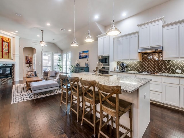 915 Enchanted Wood Dr, Arlington, TX 76005 - kitchen with under cabinet range hood, ceiling fan, open floor plan, backsplash, and stainless steel appliances