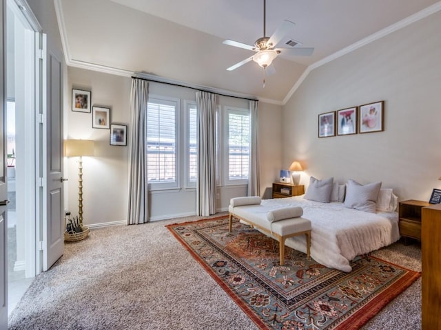 915 Enchanted Wood Dr, Arlington, TX 76005 - bedroom with carpet, baseboards, visible vents, crown molding, and vaulted ceiling
