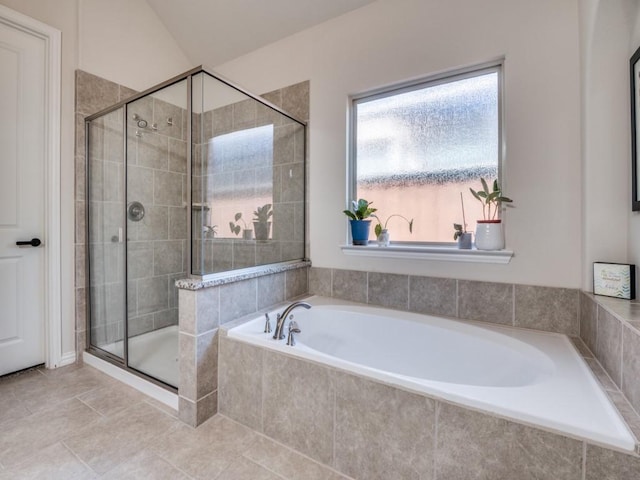 915 Enchanted Wood Dr, Arlington, TX 76005 - bathroom with a bath, tile patterned flooring, and a shower stall