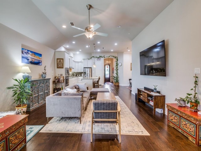 915 Enchanted Wood Dr, Arlington, TX 76005 - living room with wood finished floors, a ceiling fan, lofted ceiling, and recessed lighting