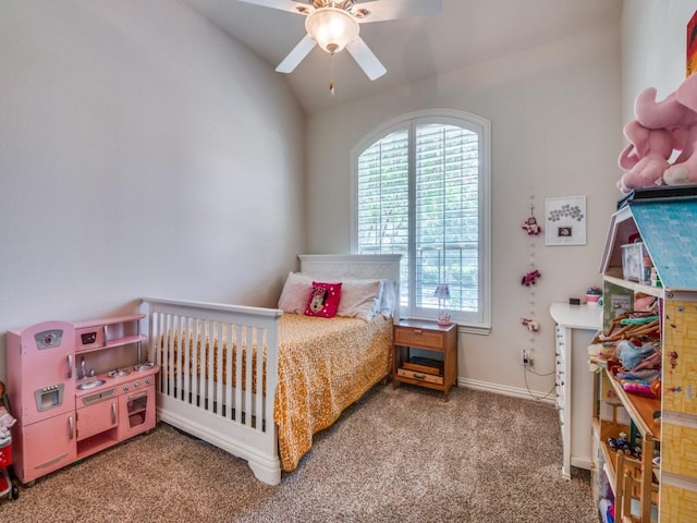 915 Enchanted Wood Dr, Arlington, TX 76005 - carpeted bedroom featuring a ceiling fan, multiple windows, baseboards, and vaulted ceiling