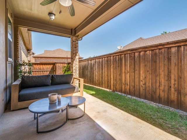 915 Enchanted Wood Dr, Arlington, TX 76005 - view of patio / terrace with a fenced backyard, ceiling fan, and an outdoor hangout area