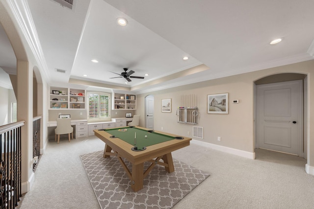 169 Yorkshire Dr, Heath, TX 75032 - playroom featuring arched walkways, ornamental molding, light colored carpet, a tray ceiling, and billiards table