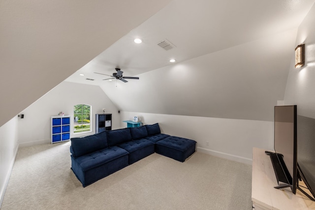living area with recessed lighting, vaulted ceiling, visible vents, baseboards, and light colored carpet