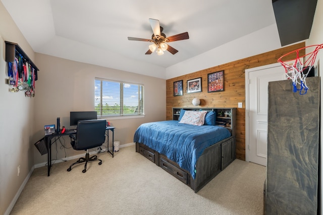169 Yorkshire Dr, Heath, TX 75032 - bedroom with carpet floors, wooden walls, a desk, baseboards, and a ceiling fan