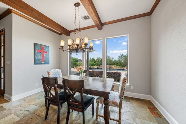 dining area featuring stone tile flooring, visible vents, beam ceiling, and an inviting chandelier