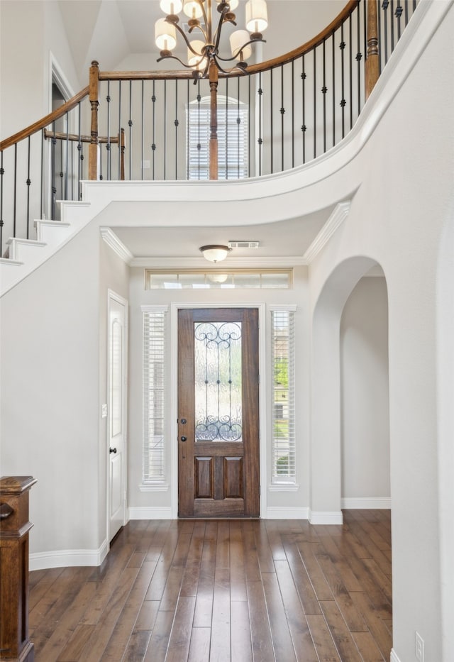9724 Croswell St, Fort Worth, TX 76244 - entrance foyer with a towering ceiling, a chandelier, baseboards, wood finished floors, and stairway