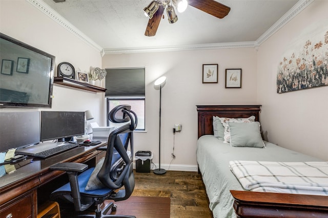 bedroom with a ceiling fan, baseboards, crown molding, and wood finished floors
