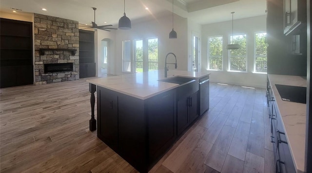 kitchen featuring plenty of natural light, black electric stovetop, a sink, and ceiling fan