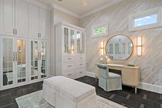 6615 Bluffview Dr, Frisco, TX 75034 - office featuring baseboards, crown molding, and ceiling fan