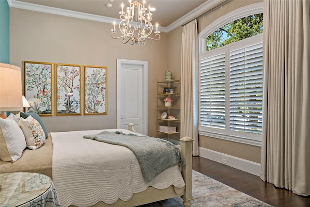 6615 Bluffview Dr, Frisco, TX 75034 - bedroom with ornamental molding, wood finished floors, baseboards, and a chandelier