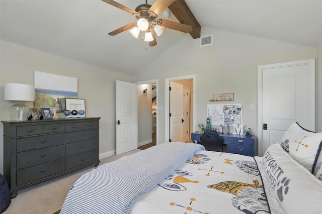 bedroom with visible vents, light colored carpet, beamed ceiling, a ceiling fan, and high vaulted ceiling