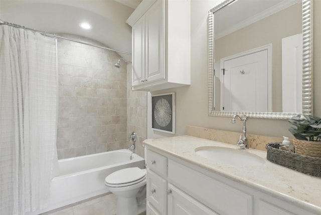 bathroom with tile patterned floors, toilet, vanity, ornamental molding, and shower / tub combo with curtain