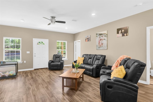 411 Johnson St, Longview, TX 75602 - living room featuring baseboards, a ceiling fan, wood finished floors, and recessed lighting