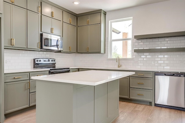 kitchen with gray cabinetry, open shelves, stainless steel appliances, and light wood-type flooring