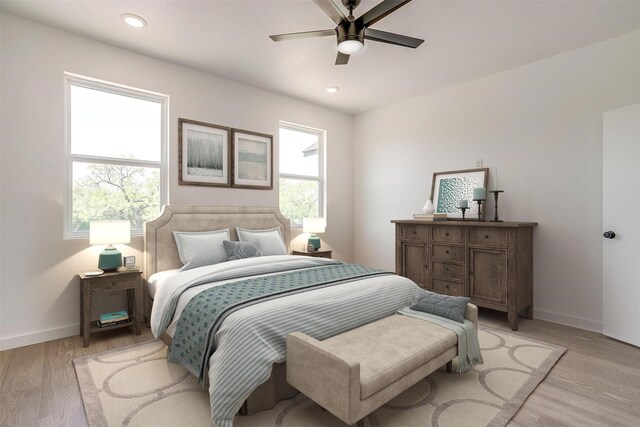 bedroom featuring a ceiling fan, baseboards, recessed lighting, and light wood-style floors