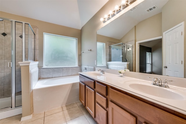 full bath featuring a shower stall, visible vents, vaulted ceiling, and a sink