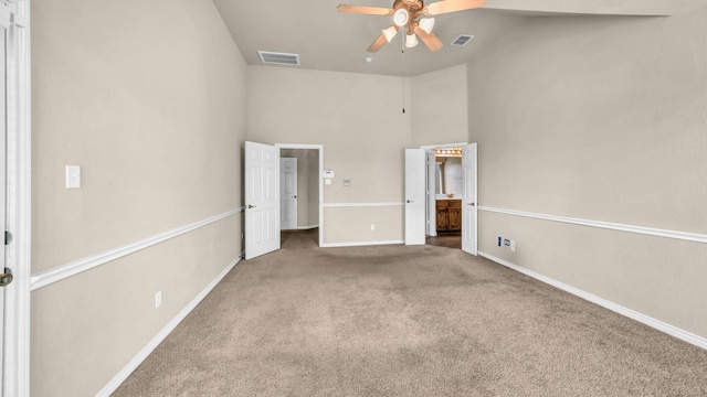 8708 Tangleridge Dr, Fort Worth, TX 76123 - unfurnished bedroom featuring carpet, high vaulted ceiling, ensuite bath, and a ceiling fan