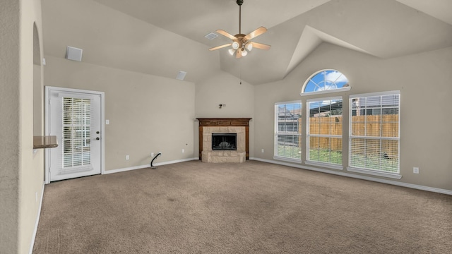 8708 Tangleridge Dr, Fort Worth, TX 76123 - unfurnished living room featuring a fireplace, carpet, ceiling fan, and high vaulted ceiling