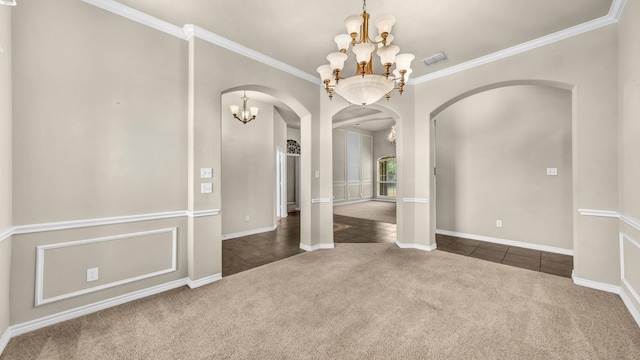 8708 Tangleridge Dr, Fort Worth, TX 76123 - tiled empty room with a chandelier, arched walkways, carpet, and ornamental molding