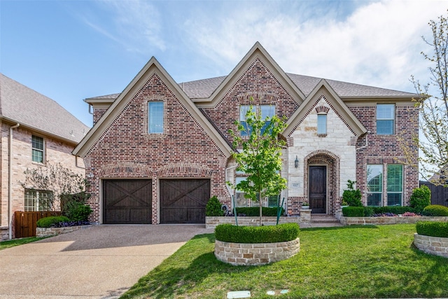 617 Denton Creek Dr, Mckinney, TX 75072 - view of front of property featuring a garage, roof with shingles, a front yard, brick siding, and concrete driveway