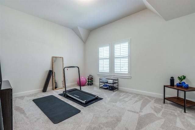 617 Denton Creek Dr, Mckinney, TX 75072 - workout room featuring carpet flooring, baseboards, and vaulted ceiling