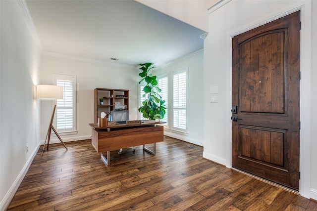 617 Denton Creek Dr, Mckinney, TX 75072 - entrance foyer featuring visible vents, baseboards, crown molding, and dark wood finished floors