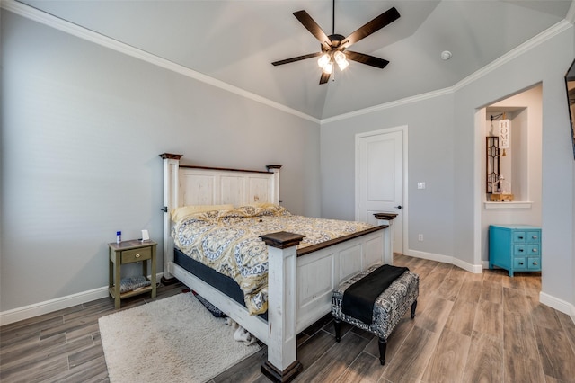 131 San Miguel Dr, Decatur, TX 76234 - bedroom with light wood-style flooring, crown molding, baseboards, and lofted ceiling