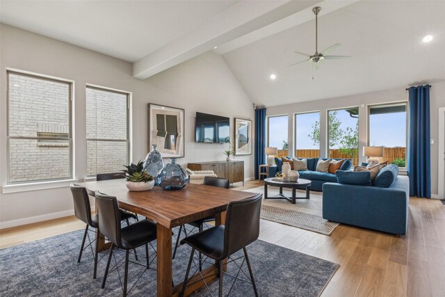 2740 Keokuk St, Fort Worth, TX 76179 - dining space with baseboards, recessed lighting, light wood-style flooring, a ceiling fan, and high vaulted ceiling
