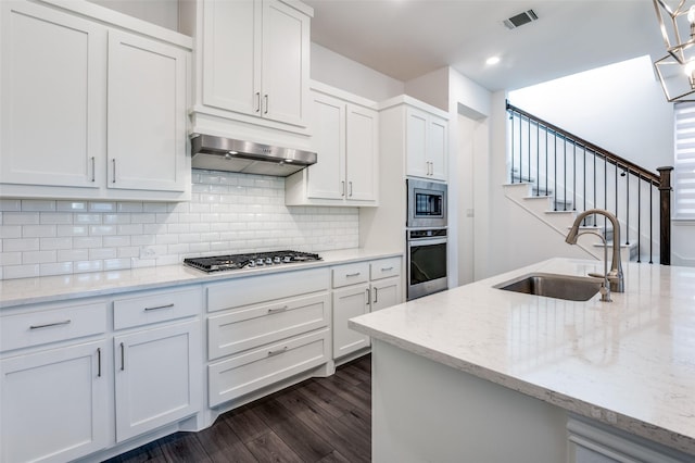 kitchen featuring visible vents, appliances with stainless steel finishes, dark wood-style flooring, a sink, and under cabinet range hood