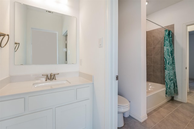 bathroom featuring vanity, tile patterned floors, toilet, shower / bathtub combination with curtain, and visible vents