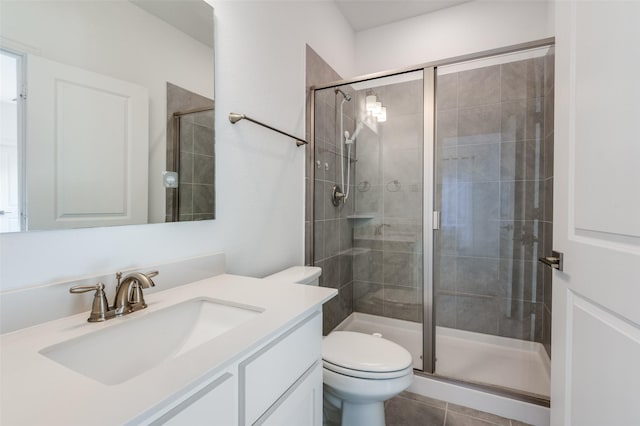 full bathroom with toilet, a shower stall, and vanity